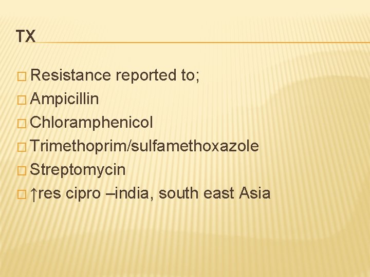 TX � Resistance reported to; � Ampicillin � Chloramphenicol � Trimethoprim/sulfamethoxazole � Streptomycin �