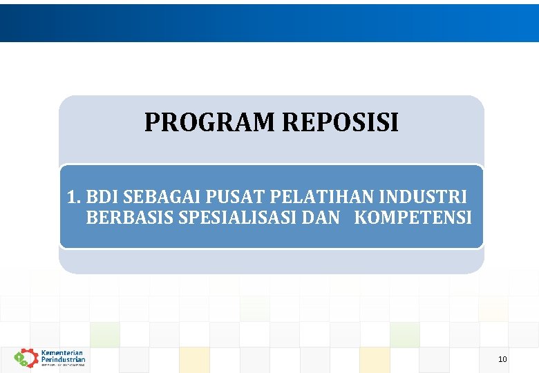 PROGRAM REPOSISI 1. BDI SEBAGAI PUSAT PELATIHAN INDUSTRI BERBASIS SPESIALISASI DAN KOMPETENSI 10 