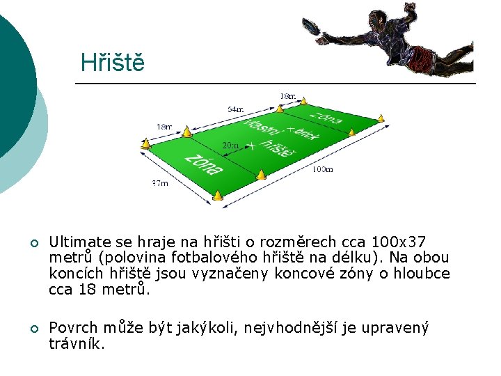 Hřiště ¡ Ultimate se hraje na hřišti o rozměrech cca 100 x 37 metrů