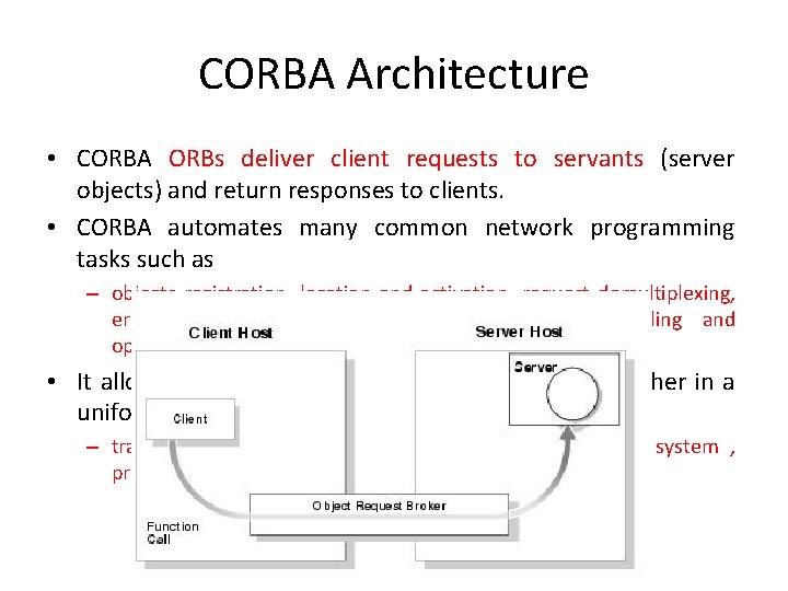 CORBA Architecture • CORBA ORBs deliver client requests to servants (server objects) and return