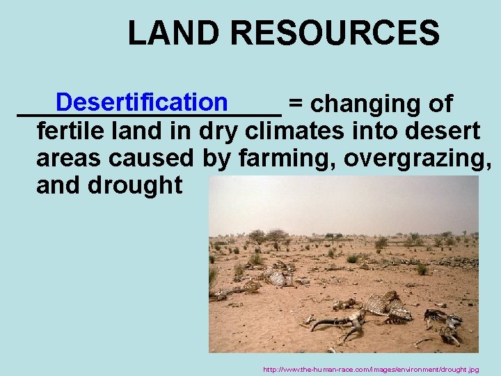 LAND RESOURCES Desertification __________ = changing of fertile land in dry climates into desert