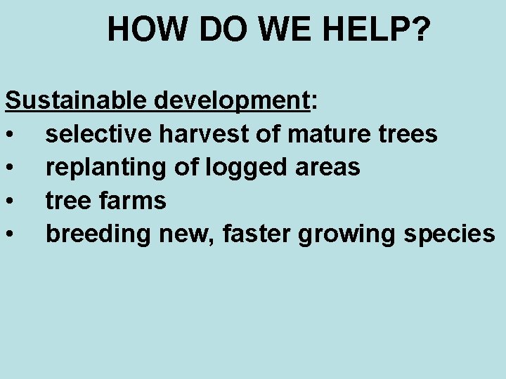 HOW DO WE HELP? Sustainable development: • selective harvest of mature trees • replanting