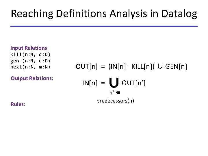 Reaching Definitions Analysis in Datalog Input Relations: kill(n: N, d: D) gen (n: N,
