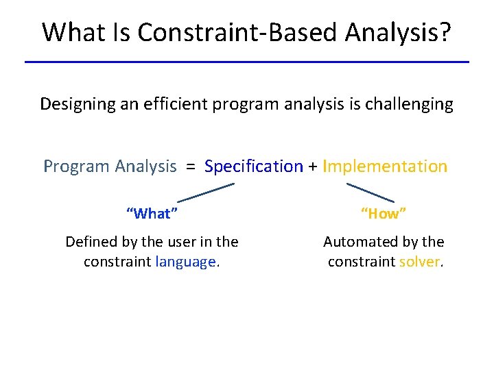 What Is Constraint-Based Analysis? Designing an efficient program analysis is challenging Program Analysis =