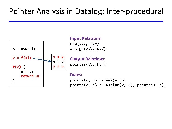 Pointer Analysis in Datalog: Inter-procedural Input Relations: new(v: V, h: H) assign(v: V, u: