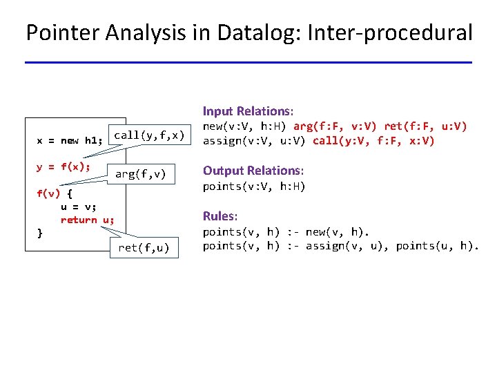 Pointer Analysis in Datalog: Inter-procedural Input Relations: x = new h 1; call(y, f,