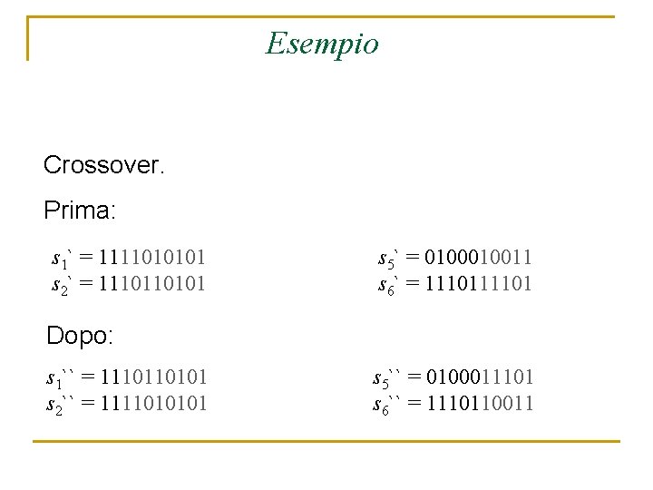 Esempio Crossover. Prima: s 1` = 1111010101 s 2` = 1110110101 s 5` =