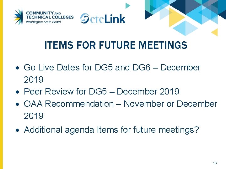 ITEMS FOR FUTURE MEETINGS Go Live Dates for DG 5 and DG 6 –