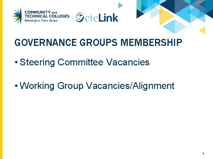 GOVERNANCE GROUPS MEMBERSHIP • Steering Committee Vacancies • Working Group Vacancies/Alignment 4 