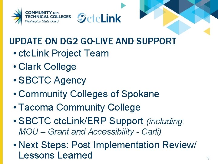 UPDATE ON DG 2 GO-LIVE AND SUPPORT • ctc. Link Project Team • Clark