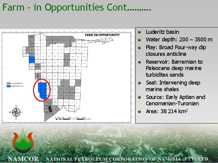 Farm – in Opportunities Cont………. Luderitz basin Water depth: 200 – 3500 m Play: