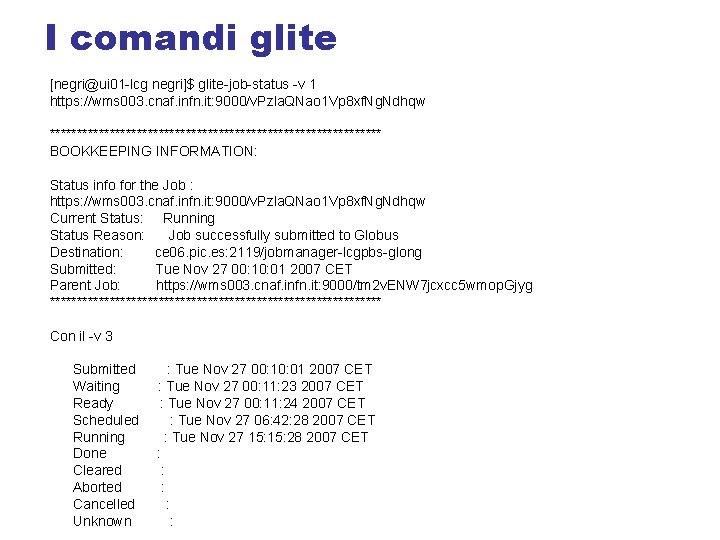 I comandi glite [negri@ui 01 -lcg negri]$ glite-job-status -v 1 https: //wms 003. cnaf.