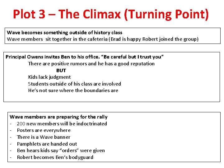 Plot 3 – The Climax (Turning Point) Wave becomes something outside of history class