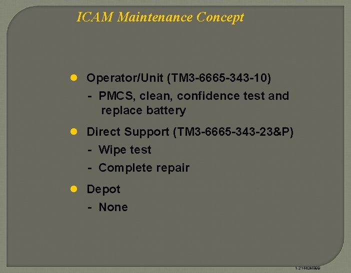 ICAM Maintenance Concept l Operator/Unit (TM 3 -6665 -343 -10) - PMCS, clean, confidence