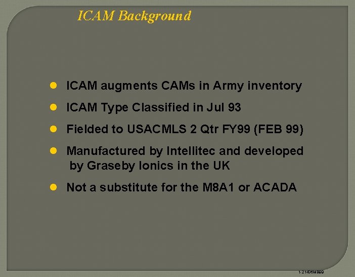 ICAM Background l ICAM augments CAMs in Army inventory l ICAM Type Classified in
