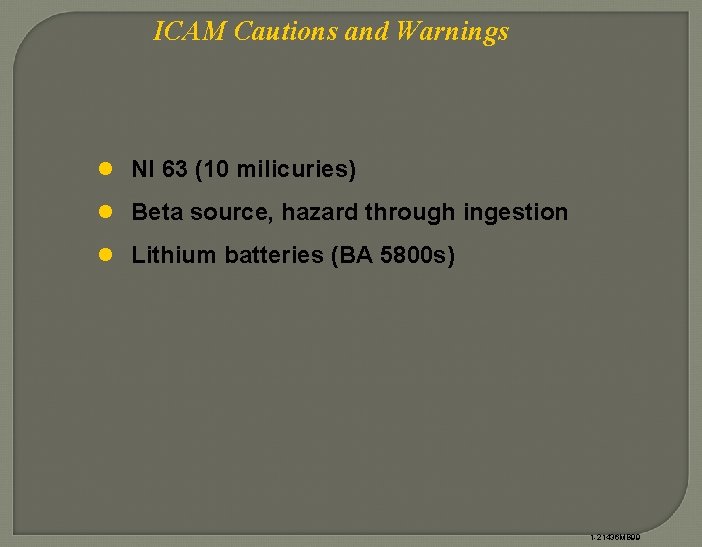 ICAM Cautions and Warnings l NI 63 (10 milicuries) l Beta source, hazard through