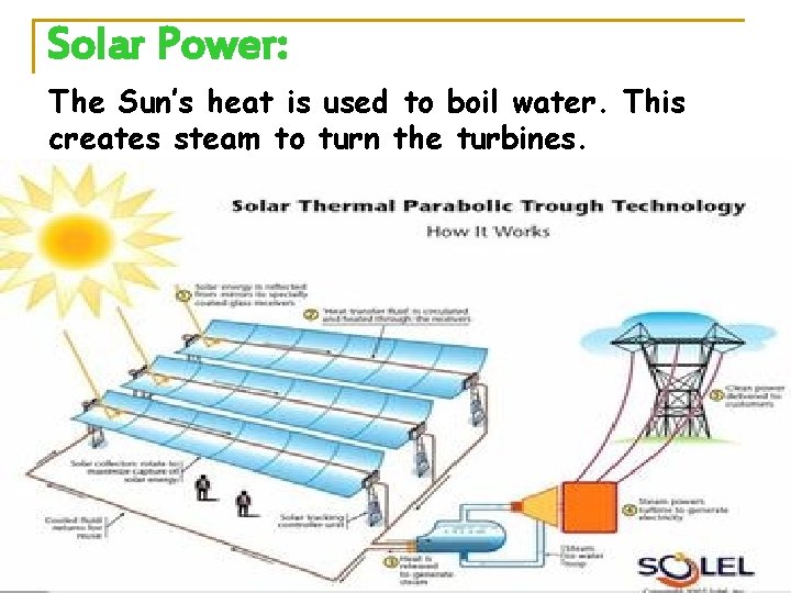 Solar Power: The Sun’s heat is used to boil water. This creates steam to