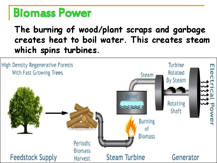 Biomass Power The burning of wood/plant scraps and garbage creates heat to boil water.