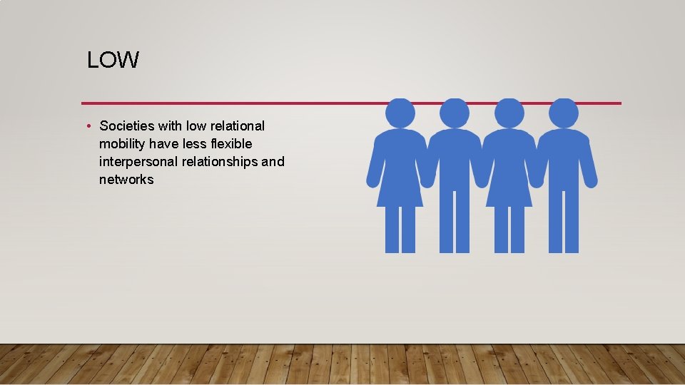 LOW • Societies with low relational mobility have less flexible interpersonal relationships and networks LOW • Societies with low relational mobility have less flexible interpersonal relationships and networks