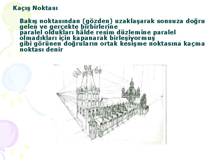 Kaçış Noktası Bakış noktasından (gözden) uzaklaşarak sonsuza doğru gelen ve gerçekte birbirlerine paralel oldukları