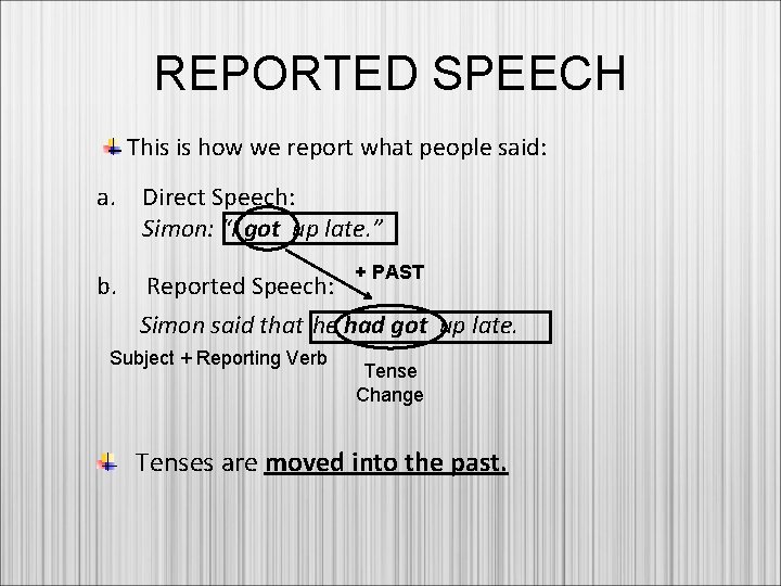 REPORTED SPEECH This is how we report what people said: a. Direct Speech: Simon: