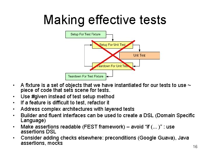 Making effective tests • • A fixture is a set of objects that we