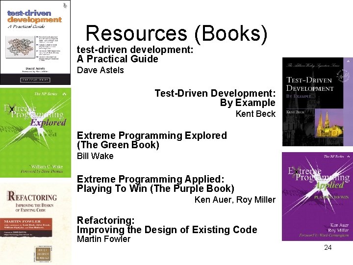 Resources (Books) test-driven development: A Practical Guide Dave Astels Test-Driven Development: By Example Kent