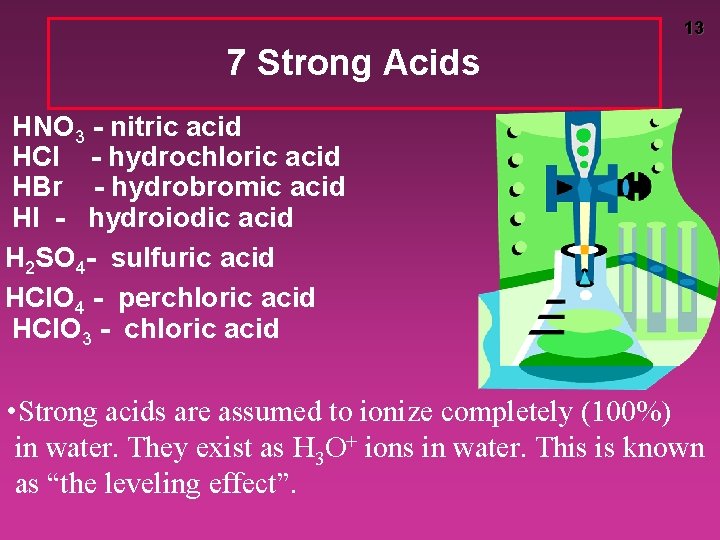 13 7 Strong Acids HNO 3 - nitric acid HCl - hydrochloric acid HBr