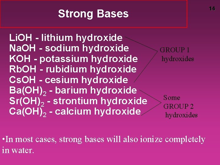 14 Strong Bases Li. OH - lithium hydroxide Na. OH - sodium hydroxide KOH