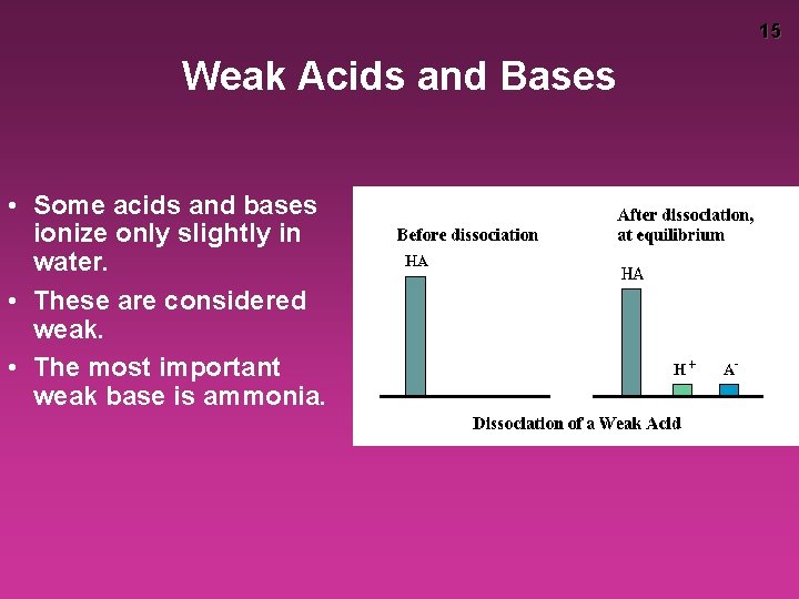 15 Weak Acids and Bases • Some acids and bases ionize only slightly in
