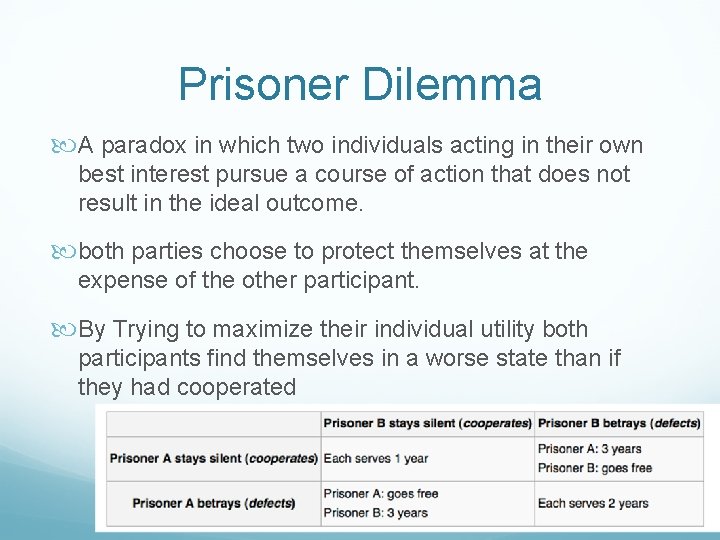 Prisoner Dilemma A paradox in which two individuals acting in their own best interest