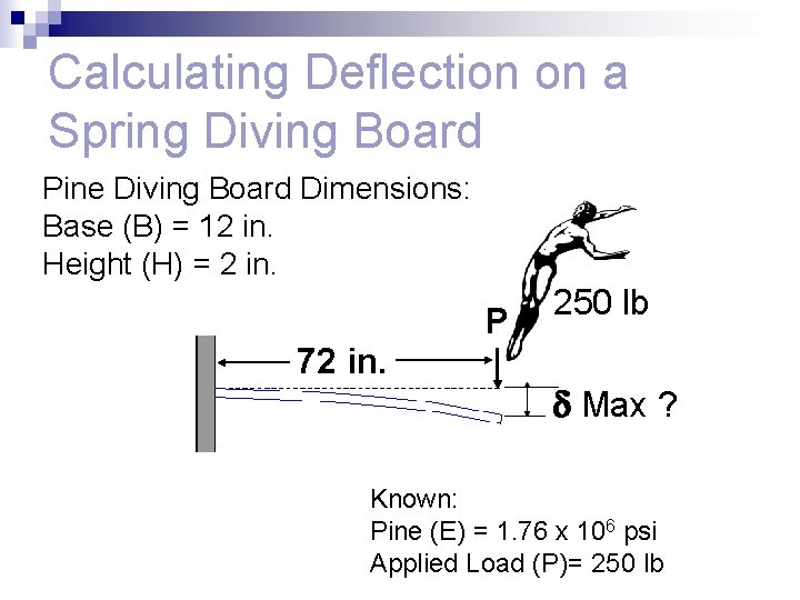 Calculating Deflection on a Spring Diving Board Pine Diving Board Dimensions: Base (B) =