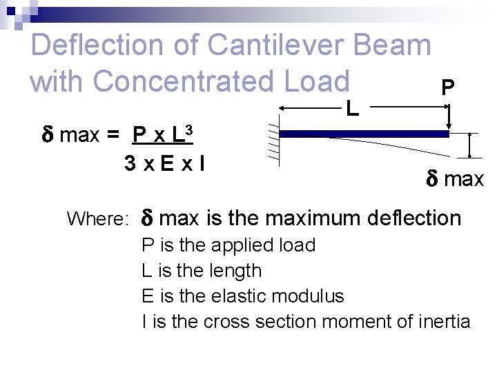 Deflection of Cantilever Beam with Concentrated Load max = P x L 3 3