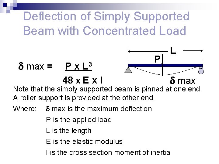 Deflection of Simply Supported Beam with Concentrated Load max = L 3 Px 48