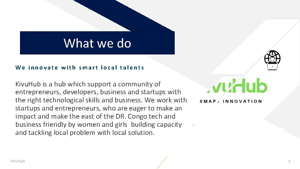 What we do We innovate with smart local talents Kivu. Hub is a hub What we do We innovate with smart local talents Kivu. Hub is a hub