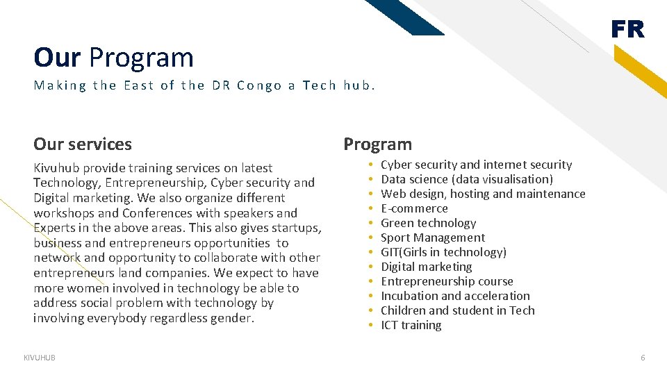 FR Our Program Making the East of the DR Congo a Tech hub. Our FR Our Program Making the East of the DR Congo a Tech hub. Our