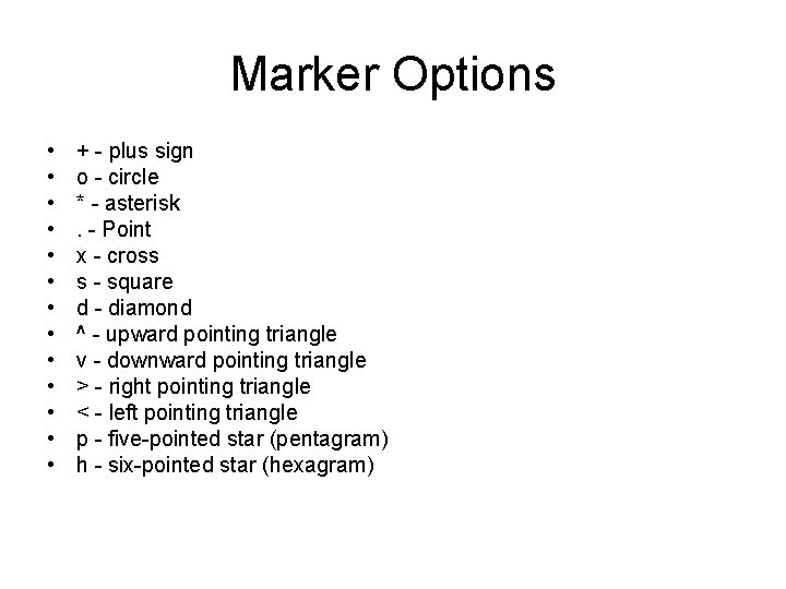 Marker Options • • • • + - plus sign o - circle *