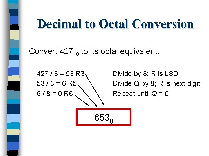 Decimal to Octal Conversion Convert 42710 to its octal equivalent: 427 / 8 =