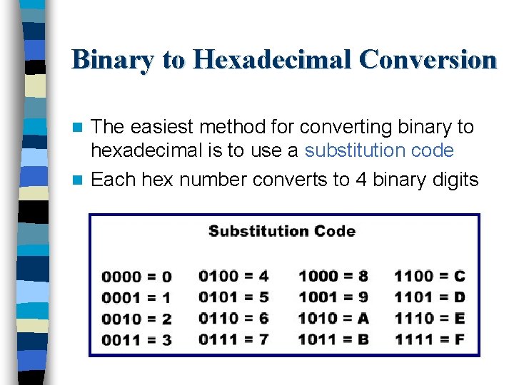 Binary to Hexadecimal Conversion The easiest method for converting binary to hexadecimal is to