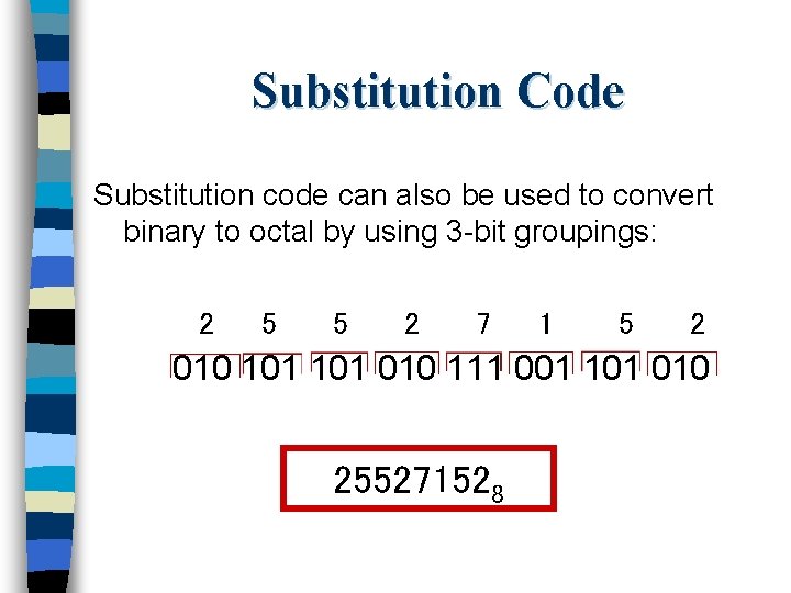 Substitution Code Substitution code can also be used to convert binary to octal by