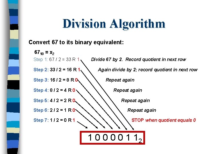 Division Algorithm Convert 67 to its binary equivalent: 6710 = x 2 Step 1: