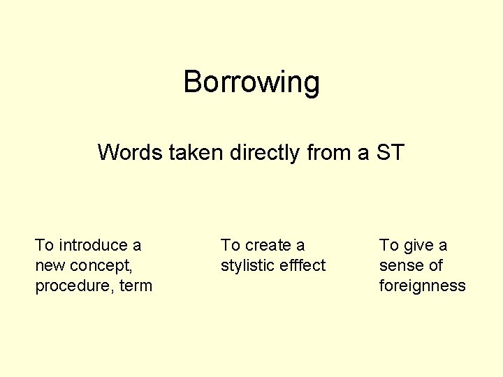 Borrowing Words taken directly from a ST To introduce a new concept, procedure, term