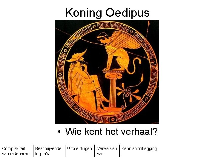 Koning Oedipus • Wie kent het verhaal? Complexiteit van redeneren Beschrijvende logica’s Uitbreidingen Verwerven