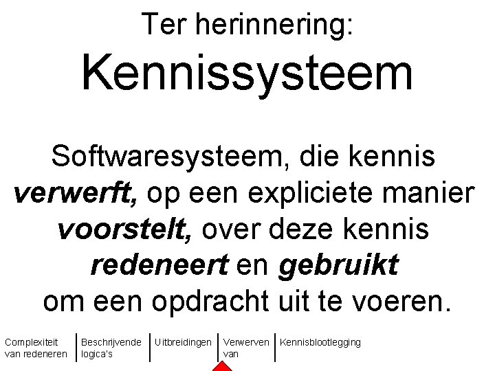 Ter herinnering: Kennissysteem Softwaresysteem, die kennis verwerft, op een expliciete manier voorstelt, over deze