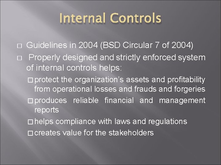 Internal Controls � � Guidelines in 2004 (BSD Circular 7 of 2004) Properly designed