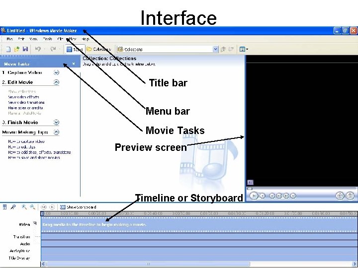 Interface Title bar Menu bar Movie Tasks Preview screen Timeline or Storyboard 