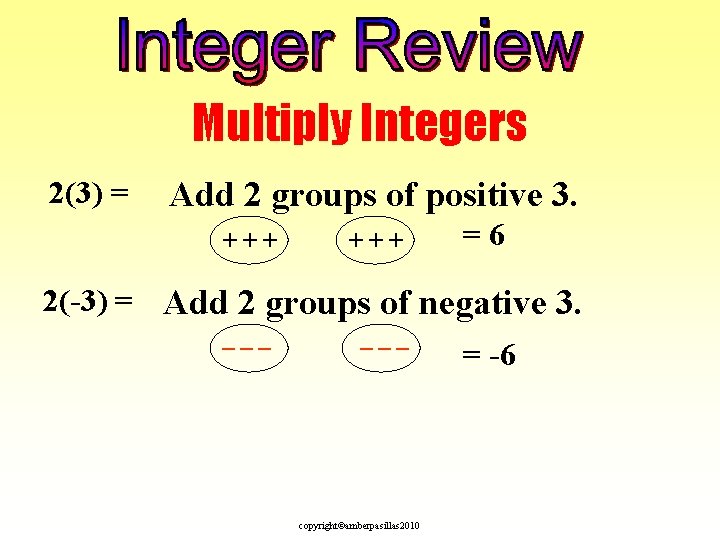 Multiply Integers 2(3) = Add 2 groups of positive 3. +++ =6 2(-3) =