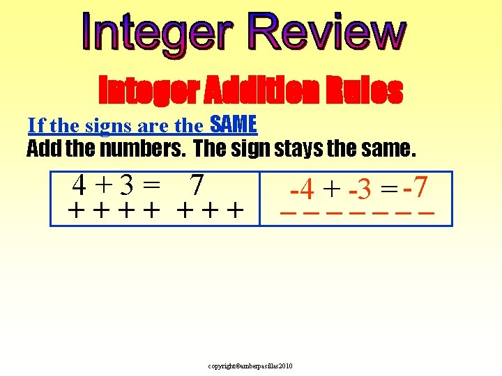 Integer Addition Rules If the signs are the SAME Add the numbers. The sign