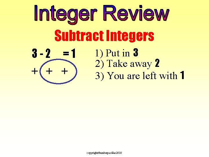 Subtract Integers 3 -2 =1 + + + 1) Put in 3 2) Take