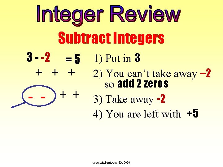 Subtract Integers 3 - -2 = 5 + + + - - + +